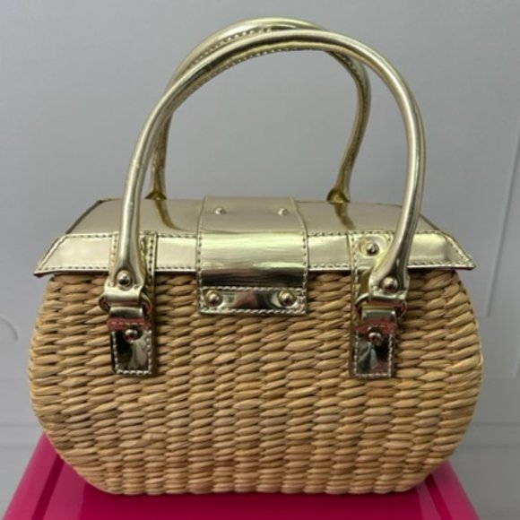Kate Spade Natural Wicker & Gold Leather Picnic Basket Handbag - Picture 3 of 6